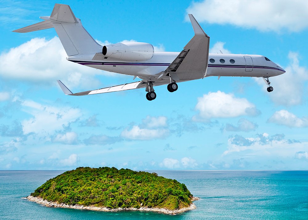 Plane flying over an island